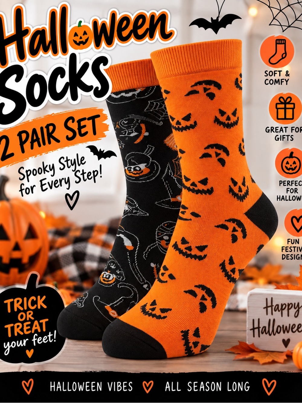 Halloween Pumpkin Crew Socks - Orange & Black 2-Pairs